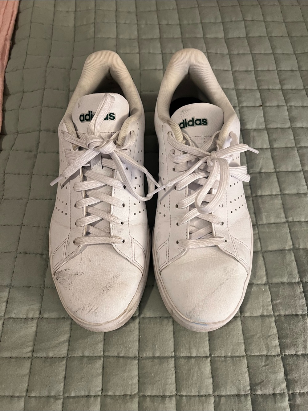 adidas White Low-Top Leather Sneakers with Green Logo